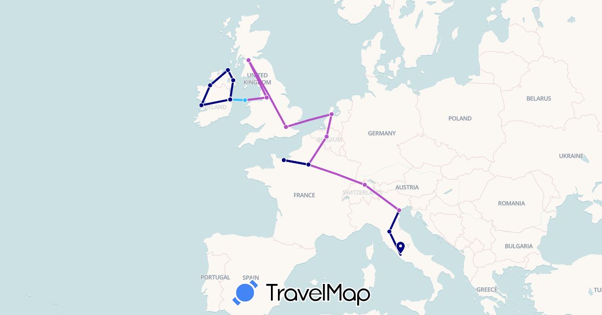 TravelMap itinerary: driving, train, boat in Belgium, Switzerland, France, United Kingdom, Ireland, Italy, Netherlands (Europe)